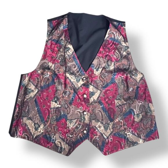 90s Plus Size Vintage 3X Jacquard Patchwork Vest Burgundy Paisley Statement - Picture 1 of 7